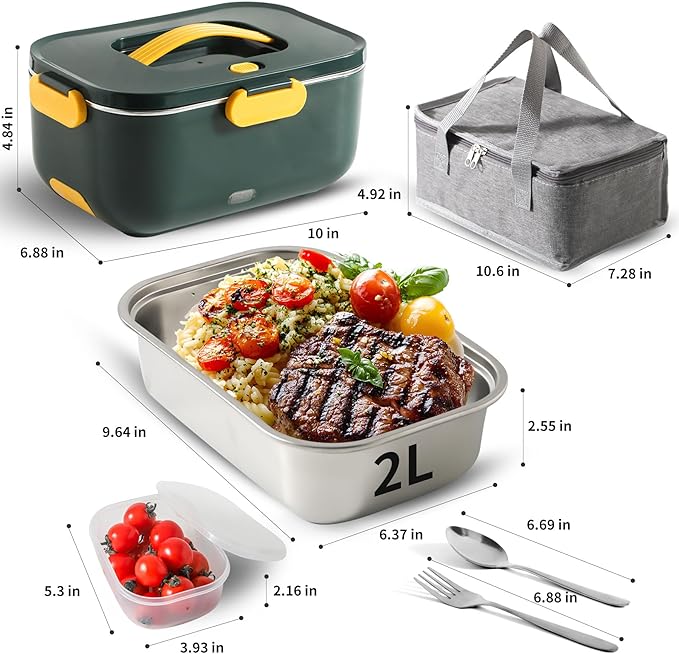 Meng Ke'en Electric Lunch Box 80W/2L Detachable Stainless Steel Container 12V/24V/110V Electric Lunch Box Portable Food Warmer (greenSingle Compartment)