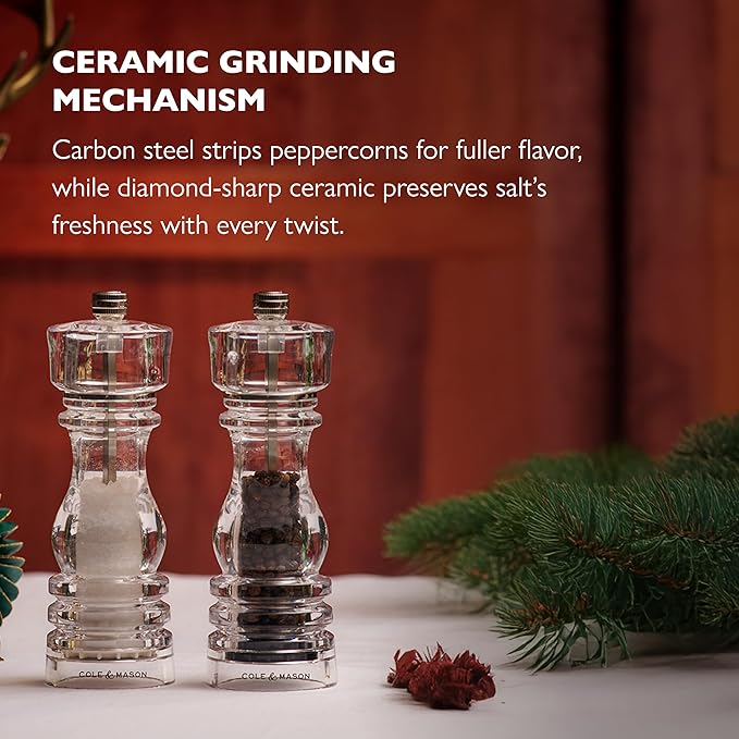 Cole & Mason London Refillable Spice Mill - Kitchen & Home Accessory - Salt & Pepper Grinder Set - Salt Mill with Ceramic Mechanism - Pepper Mill with Carbon Steel Mechanism - 7", Acrylic