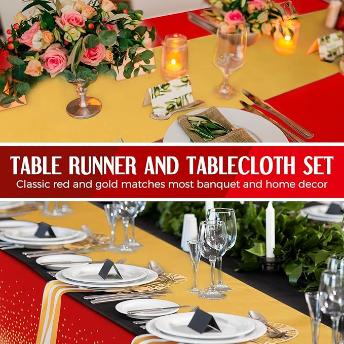 Tudomro 16 Pcs Red and Gold Disposable Plastic Tablecloths and Satin Table Runner Set 54x108 Inch Tablecloth 12x108 Inch Table Runners for New Year Wedding Birthday Baby Shower Graduation