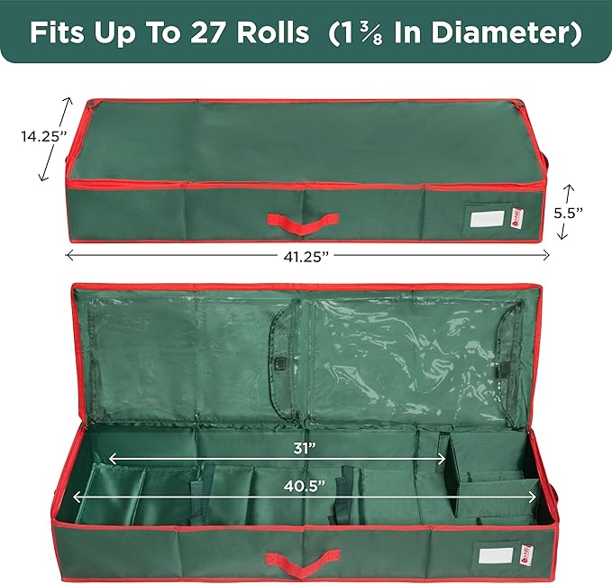 HOLDN??STORAGE Premium Wrapping Paper Storage Container - Durable 600D Tear-Proof, Fits 27 Rolls Gift Wrap, Extra Pockets for Ribbons & Bows, Underbed Storage - Ideal for Holiday Christmas, Green