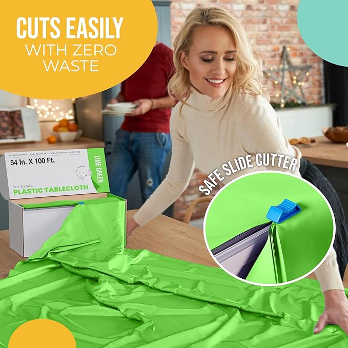 Exquisite Lime Green Plastic 54x100in Rectangular Tablecloth Roll with Built-in Cutter, 100 Feet, All-Season