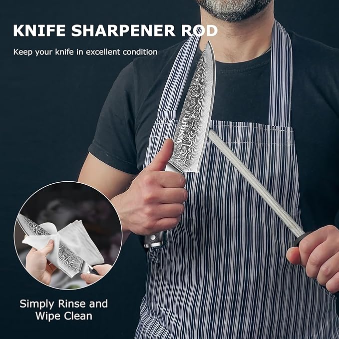 MOSFiATA Chef Knife 8 Inch, Damascus Kitchen Knife,Ultra Sharp Chef's Knives with 67-Layer Damascus Steel VG-10 Blade,Knife Sharpener Rod Gift Box