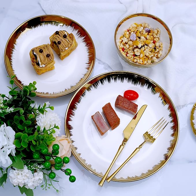 Luxury 12 Piece Porcelain Dinnerware Sets Service for 4, Modern Stoneware Plates and Bowls Sets,Ceramic Dish Set, Highly Chip and Crack Resistant Modern Plate Set, White and Gold