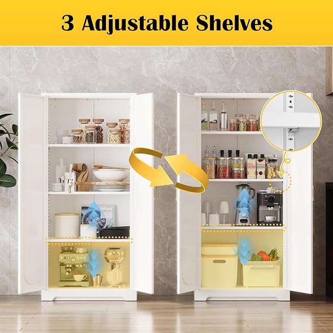 Kitchen Pantry Cabinet,60?쒶etal White Storage Cabinets with Doors and Shelves,Tall Cabinet with 2 Gold Hands for Dinning Room,Living Room