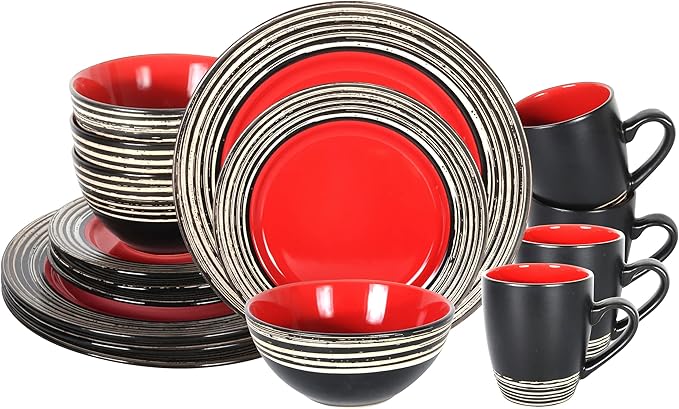 16 Piece Dinnerware Set, Ceramic Plates and Bowls Sets for 4, Microwave and Dishwasher Safe, Handcrafted Tree Bark Series Dish Set, Strawberry/Red