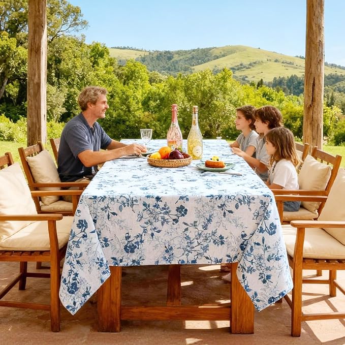 H.VERSAILTEX Linen Table Cloths Floral Printed Tablecloth Spill-Proof Waterproof Table Cover for Dining Buffet Feature Soft and Thick Fabric Wrinkle Free, 60 x 120 Inch, Retro Floral - Stone Blue