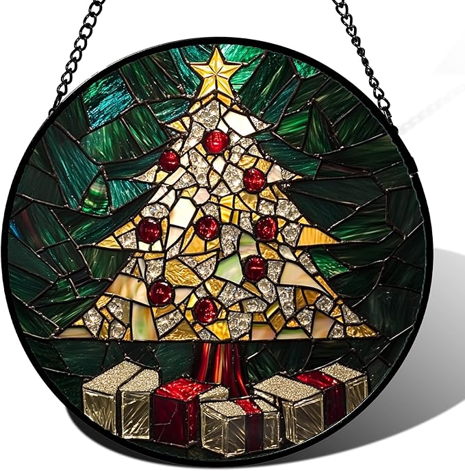 Stained Glass Window Hanging - Golden Christmas Tree Suncatcher for Doors Home Christmas Decoration Winter Sun Catcher Thanksgiving New Year Birthday Gifts for Women Men Mom Nana Girl 6.3 in