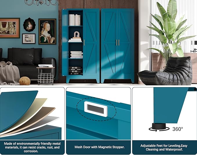 61" H Blue Metal Pantry Cabinet with Doors,Freestanding Kitchen Pantry Cabinet,Farmhouse Food Storage Cabinets,Tall and Large Pantry Cabinets for Kitchen, Dining Room, Living Room