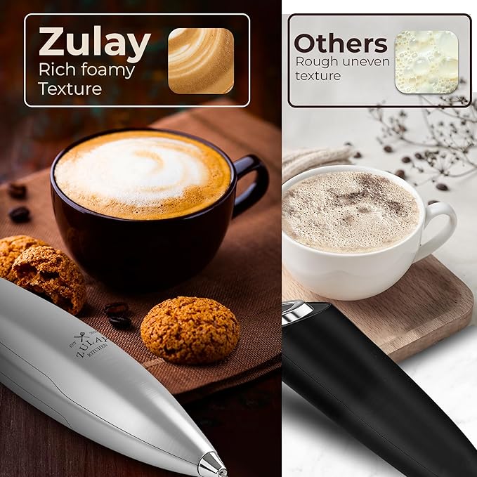 Zulay Kitchen Patented Tornado Triple Whisk Milk Frother with 4 Duracell Batteries ??Handheld Foam Maker for Coffee, Lattes, Matcha & Hot Chocolate ??Rich, Creamy Froth in Seconds