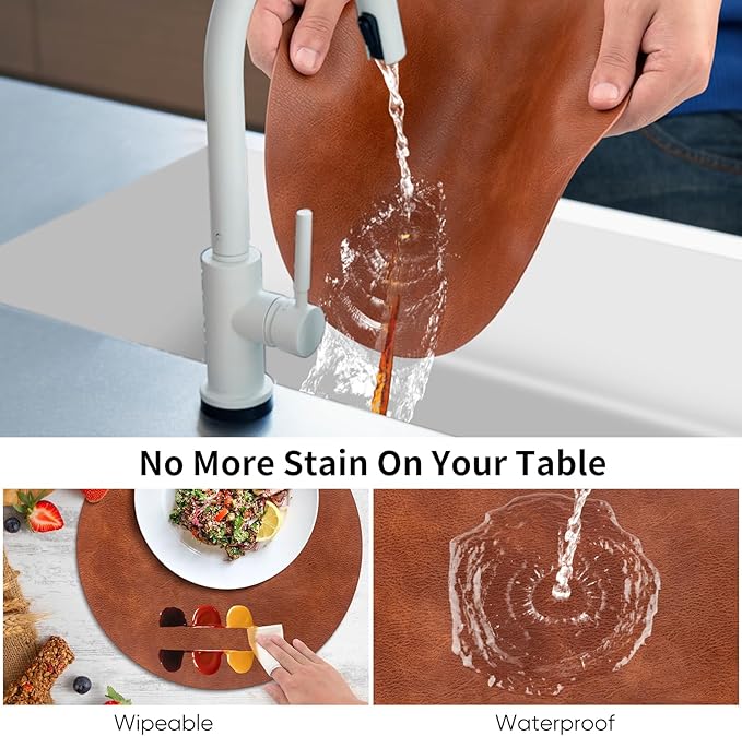 ADRIMER Placemats, Heat Resistant Round Placemats Set of 6 Washable, Waterproof Table Mats, Wipeable Faux Leather Place Mats for Kitchen, Dining Room, Dark Brown