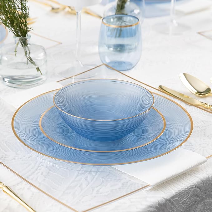 PLASTICPRO 64 Pieces Crystal Design Plastic Plates Combo Pack 7 inch and 10 inch Gold Rim Elegant Disposable Plates, Transparent Blue
