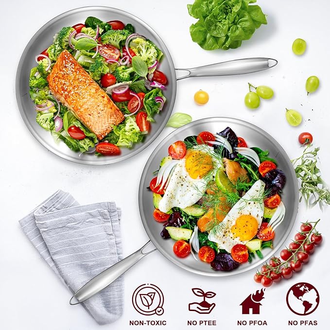 EWFEN 12 Inch Tri-Ply Stainless Steel Frying Pan, 5 Quart Deep Saute Pan, Compatible with All Cooktops Up to 600?? Induction Skillet, Dishwasher and Oven Safe, Fast & Even Heat