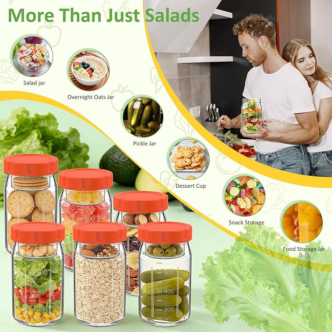 4Pack Glass Salad Jars with Lids, 32oz Salads Mason Jars with Wet/Dry Separation Cup, Meal Prep Salad Containers for Lunch, Leakproof Wide Mouth Food Storage Containers, BPA-Free Reusable (Orange)