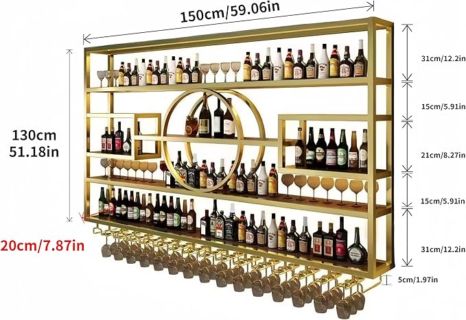 59" Metal Wine Rack Wall Mounted, Multi Functional Bar Shelves for Liquor Bottles with Glass Holder, Modern Wood Bar Shelves Wall Mounted for Home Bar & Dining Room(Gold, 51" Height)