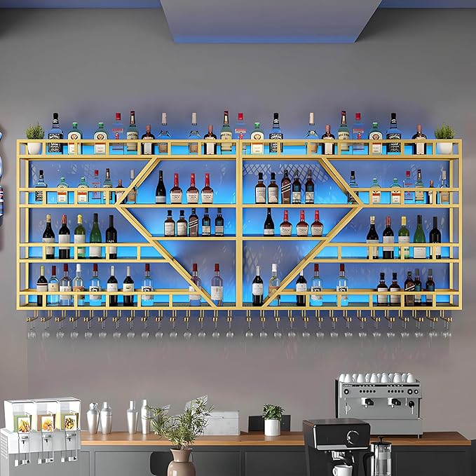 Wall Mounted Wine Rack, Large Metal Wine Bottle Holder, Modern Fashion Diamond Shaped Floating Bar Unit Wine Storage Shelves, for Home Restaurant Bars Decor (Gold, 4 Tier - 95in)