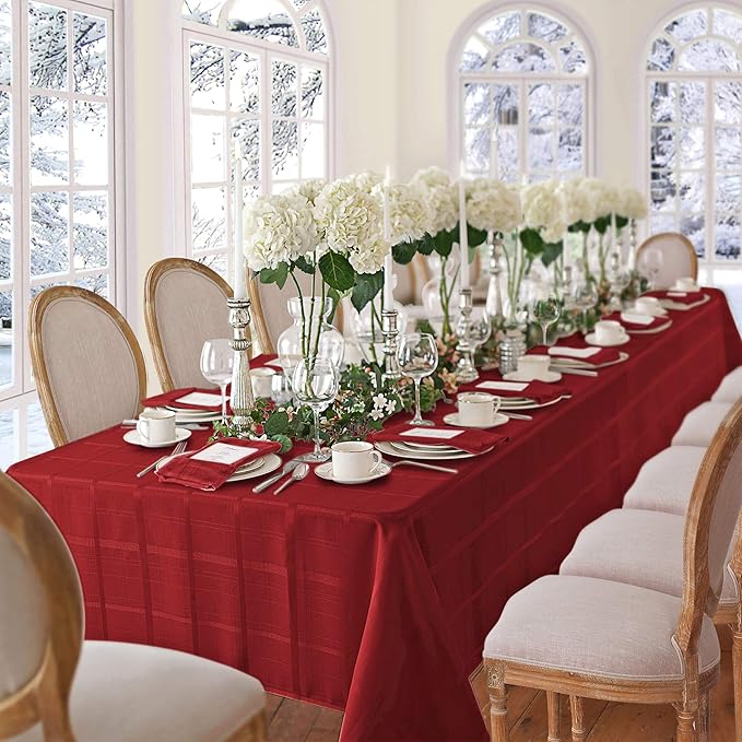 Newbridge 52 x 70 Inch Rectangle Fabric Tablecloth, Elegance Plaid, 100% Polyester, No Iron Soil Resistant Dining Room, Party and Banquet Table Cover, Solid Textured, Scarlet Red