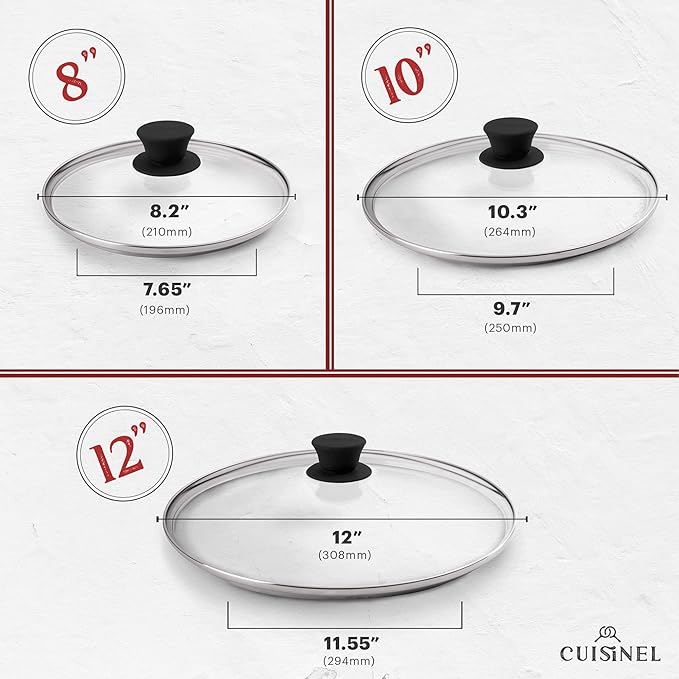 Cuisinel 8"+10"+12"-Inch Cast Iron Skillets Set with Glass Lids + Silicone Handle Holder Covers + Pan Scraper - Pre-Seasoned Oven Cookware - Use Indoor/Outdoor, Grill, Stovetop, Camping Fire, Oven
