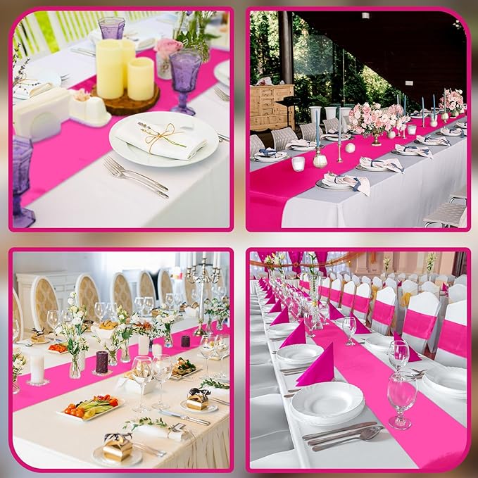 Bencailor 24 Pcs Hot Pink Satin Table Runner Bulk 12 x 108 Inches Long Table Runners Bright Smooth Fabric Tablecloth for Wedding Banquet Birthday Valentines St Patrick's Day Party Decorations