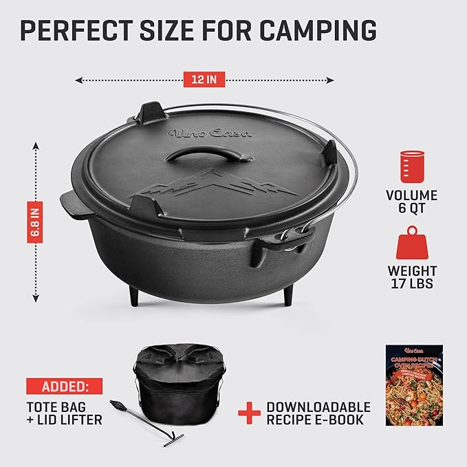 Uno Casa 6Qt Cast Iron Camping Dutch Oven with Lid Lifter and Storage Bag - Pre-Seasoned Outdoor Dutch Oven for Campfire Cooking, Stews, and Baking - Durable Cast Iron Pot for Camping and Hiking