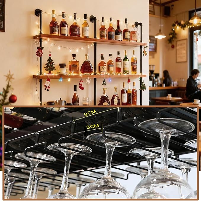 Wall Mounted Wine Rack with LED Light, 4 Tiers Large Wine Rack with Wine Glass Holder. lron & Wood Liquor Bottles Floating Shelves Display Storage for Bar, Kitchen, Cafe (Walnut, 140cm/55in)
