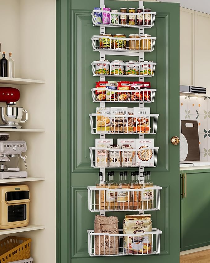 Over The Door Organizer竊?-Tier Over The Door Pantry Organizer with Adjustable Baskets竊똌etal Hanging Pantry Organizers and Storage for Kitchen, Back of Door Seasoning Rack (White)