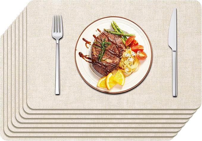 Maxpearl Faux Leather Placemats Set of 8 ??Waterproof, Wipe Clean, Heat Resistant, Non-Slip Dining Table Mats for Indoor & Outdoor Use, 17?씳?2?? Beige