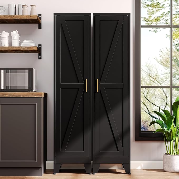 67?쏦 Metal Narrow Kitchen Pantry Cabinet,Black Skinny Pantry Cabinet,Tall Narrow Bathroom Storage Cabinet with Adjustable Shelves,Slim and Thin Pantry Cabinets for Living Room Dining Room