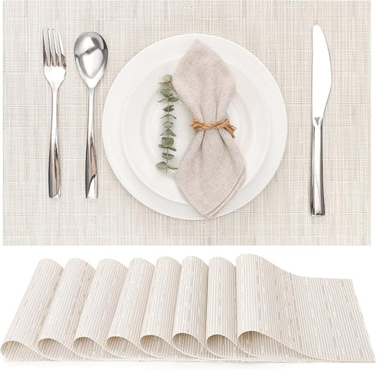 Myir JUN Placemats Set of 8, Vinyl Woven Placemats Place Mats Indoor Set of 8 Washable Table Mats Non-Slip Place mats for Dining Table (B-Off White, Set of 8)