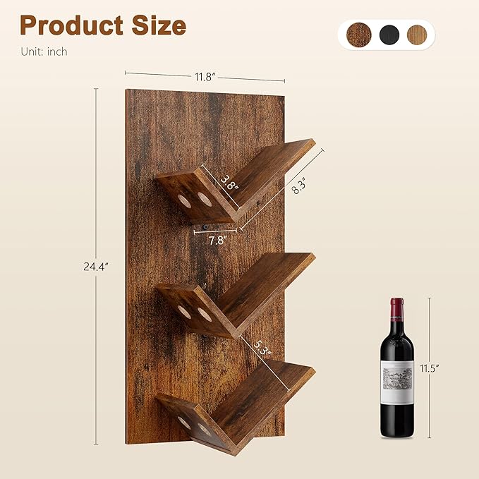 Hoctieon Wine Rack Wall Mounted, 6 Bottles Hanging Wine Racks Bar Shelves for Display & Storage, Rustic Wood Wine Bottle Holder for Home Bar, Kitchen, Dining Room, Rustic Brown