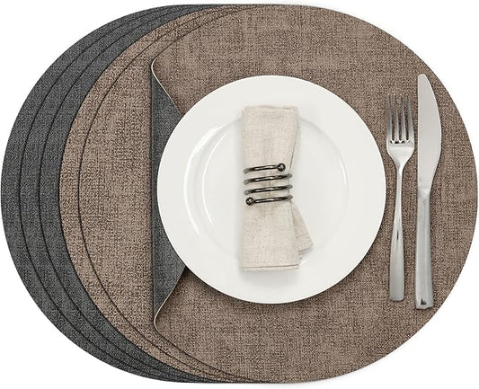 Myir JUN Round Placemats, Dual Sided Faux Leather Place Mats Set of 6 Indoor/Outdoor Non-Slip Washable Table Mats (Gray Brown, Set of 6)