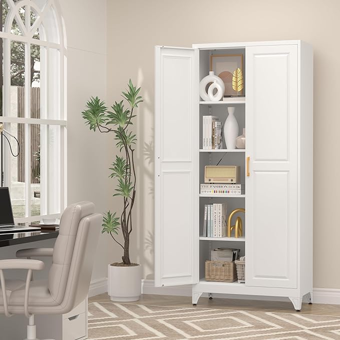 75" Kitchen Pantry Cabinet, Tall Storage Cabinet with Doors and 4 Shelves, Metal Storage Cabinets for Kitchens, Living Room, Dinning Room, Assembly Required, White