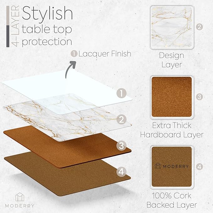 Moderry Set of 4 Heat Resistant Cork Placemats for Dining Table with Free Set of 4 Matching Drink Coasters Marble Design 16 x 12 Inches Cork Backed Hard Placemats (Foiled Gold)