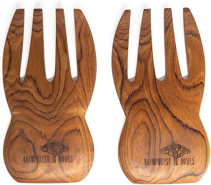 Rainforest Bowls Javanese Teak Wood Salad Serving Hands - Perfect for Mixing, Tossing & Serving Salad - Ultra-Durable- Premium Wooden Design Handcrafted by Indonesian Artisans