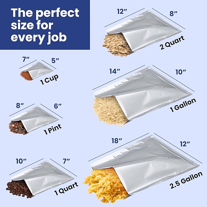 Wallaby 50 Count 1-Pint Mylar Bags with Labels, 10 Mil Total Thickness Long-Term Food Storage Pouches, 6x8 Heat-Sealable Airtight Packaging - Silver