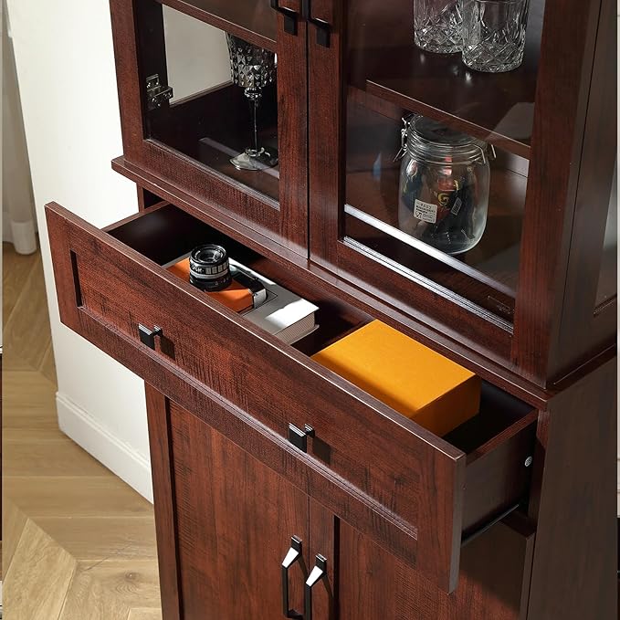 71'' Tall Pantry Cabinet with Glass Doors,Modern Kitchen Pantry Cabinet with 3 Adjustable Shelves and a Drawer, LED for Better Showcase,for Dining Room and Kitchen,Wine Red