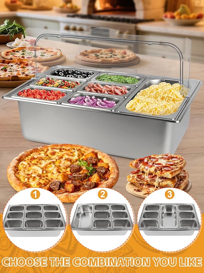 Lanstics Pizza Topping Station Stainless Steel Spice Organizer Salad Bar Buffet Station with Spoons Ice Boxes Buffet Containers Set for Sauce Jam Ingredient Kitchen Restaurant Pantry