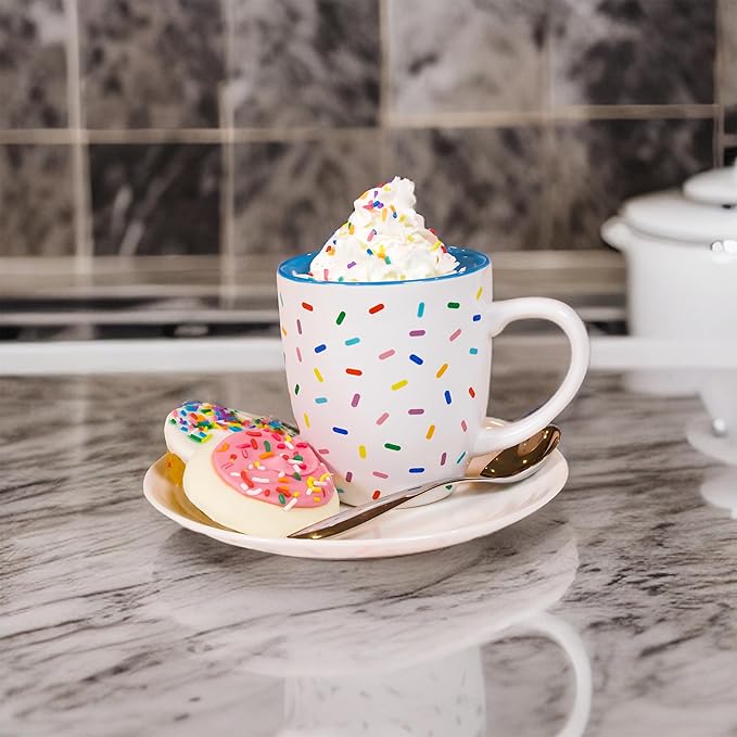 Denim Blue Cute Coffee Mug with Rainbow Sprinkles | Birthday Cake Coffee Cup Gift | Large White Ceramic Cup | Ice cream and Dunkin Donuts Coffee Mugs