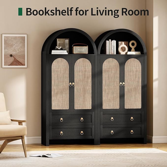 71" Arched Cabinet Kitchen Pantry Cabinet with Rattan Doors, Storage Cabinet with Drawers & Height Adjustable Shelves, Hutch Cabinets with Storage, Tall Arch Bookcase for Dining Room Kitchen, Black