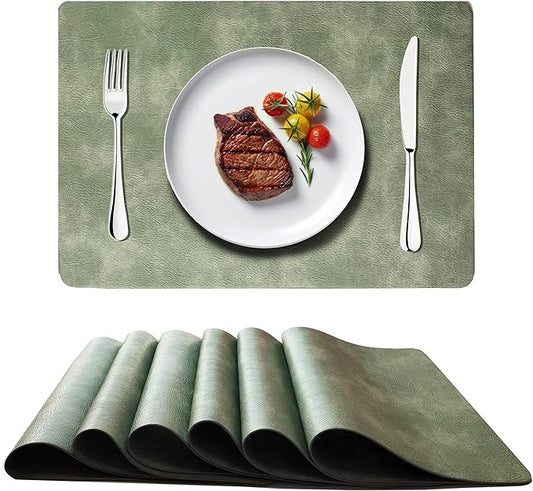 Cowhide Pattern PU Leather Placemats Set of 6 Heat Resistant Kitchen Table Mats, Non-Slip Dining Table Decorations, Double-Sides Waterproof Wipeable Place mats(Green)