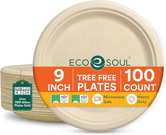 ECO SOUL Compostable 9 Inch(100-Pack) Biodegradable Heavy-Duty Disposable Eco-Friendly Paper Plates for Christmas Dinner & Parties, Wedding, Event