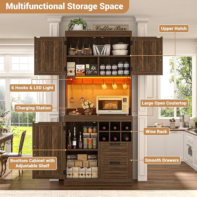 Unikito 72" Tall Kitchen Pantry Cabinet with LED Light & Outlet, Kitchen Hutch Coffee Bar with Microwave Stand, Wine Rack, Drawers and Storage Shelves, Cupboard for Dining Room, Weathered Brown