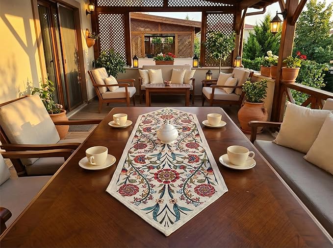 Jacquard Woven Floral Table Runner 18x55 inches ??Rustic Gobelin Tapestry Dining Table Decor, Durable Cotton & Polyester Blend Fabric, Vintage Farmhouse Style, Machine Washable Easy Care (Pattern 1)