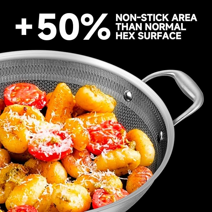 LOLYKITCH 14.5 Inch Hybrid Ceramic Nonstick Stainless Steel Wok Pan with Steel Lid - Large Tri-Ply Flat Bottom Stir Fry Pan for Induction - PFOA Free, Dishwasher & Oven Safe