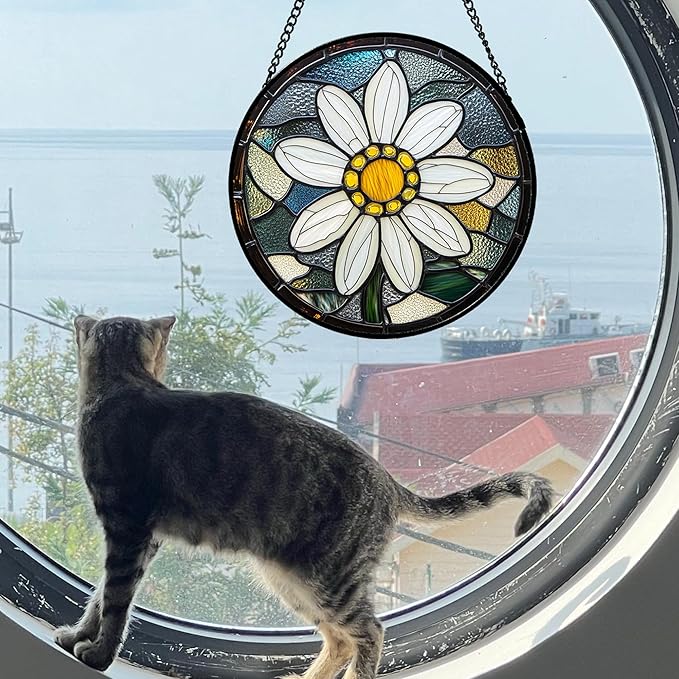 Stained Glass Window Hanging - Yellow White Daisy Birth Flower Suncatcher for Door Garden Yard Sun Catchers Decor Christmas Mother's Day Birthday Gifts for Teacher Women Mom Nana 7.8 in