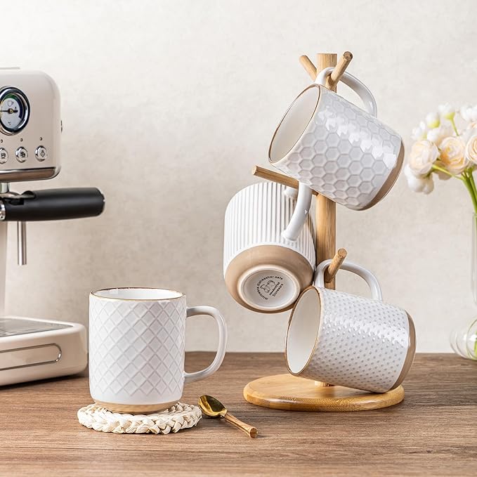 GBhome Ceramic Coffee Mugs Set of 4, 12oz Handmade Stoneware Coffee Mugs Set with Large Handle for Cappuccino/Latte/Tea/Hot Cocoa, Dishwasher & Microwave Safe, Off White