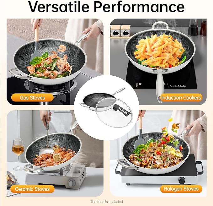 SUS 316 Stainless Steel Wok, Nonstick Frying Pan & Skillet with Lid, Induction Compatible Cookware, Honeycomb Wok Pan for Stir-Frying Saut챕ing Home Kitchen Camping Cooking (34cm)