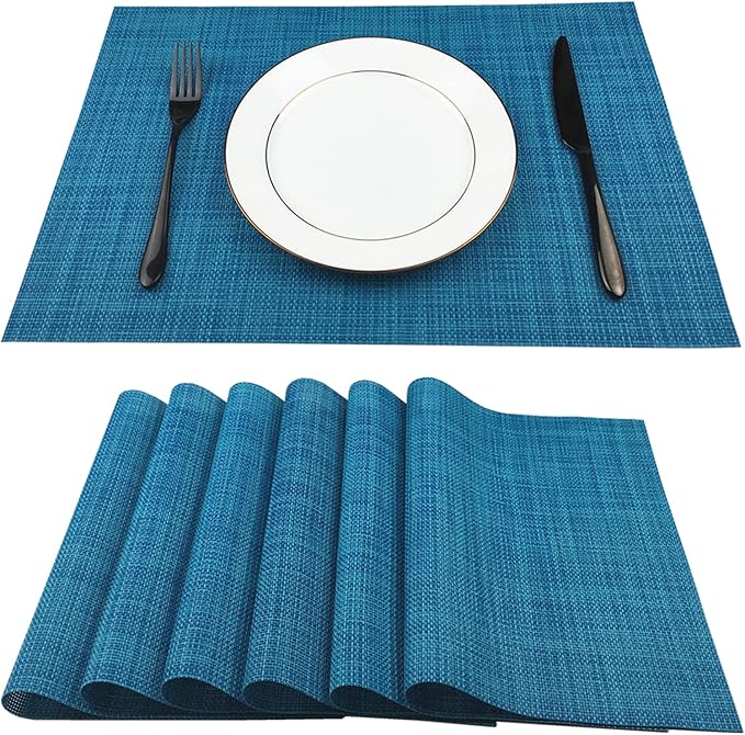 WAZAIGUR Placemats,Easy to Clean Crisscross Woven Vinyl Place Mats Durable Non-Slip Heat Resistant Table Mats,Placemats for Kitchen Table Set of 6,Blue