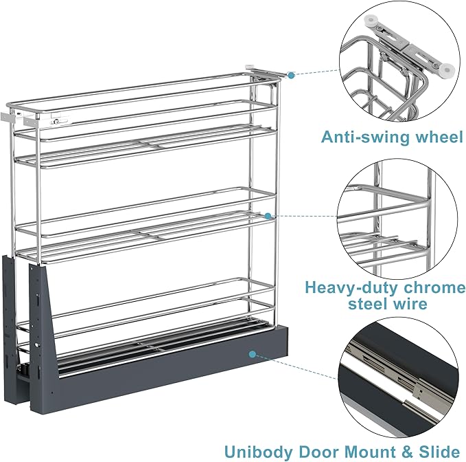 Pull Out Spice Rack for Narrow Cabinet (7.8" W X 19.7" D), Heavy Duty 3 Tier narrow PullOut Cabinet Organizer and Slide Out Shelves for inside Base Cabinets, Filler Pantry Storage
