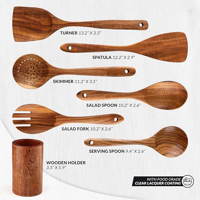 Zulay Kitchen 7-Piece Wooden Cooking Spoons Set ??Heat-Resistant, Smooth Teak Utensils with Comfort Grip ??Lightweight & Durable ??Easy to Clean, Perfect for Non-Stick Cookware