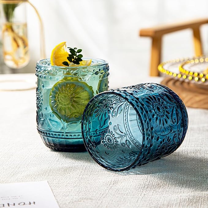 Luminthra Elegant Vintage Crystal Glassware Set, Embossed Floral Drinkware, 12oz Green and Multi-Color Glass Cups for Wine, Cocktails, and Beverages (Blue)